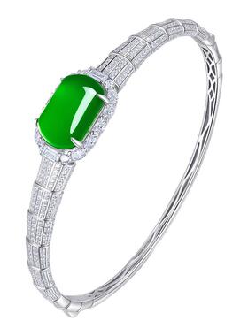 AILEQ925银镶天然玉髓满绿竹节高升手镯欧若风时尚珠宝饰品质礼物