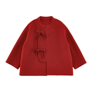 女童26年春双面呢纯羊毛大衣外套新款立领红色新中式长袖生日礼物
