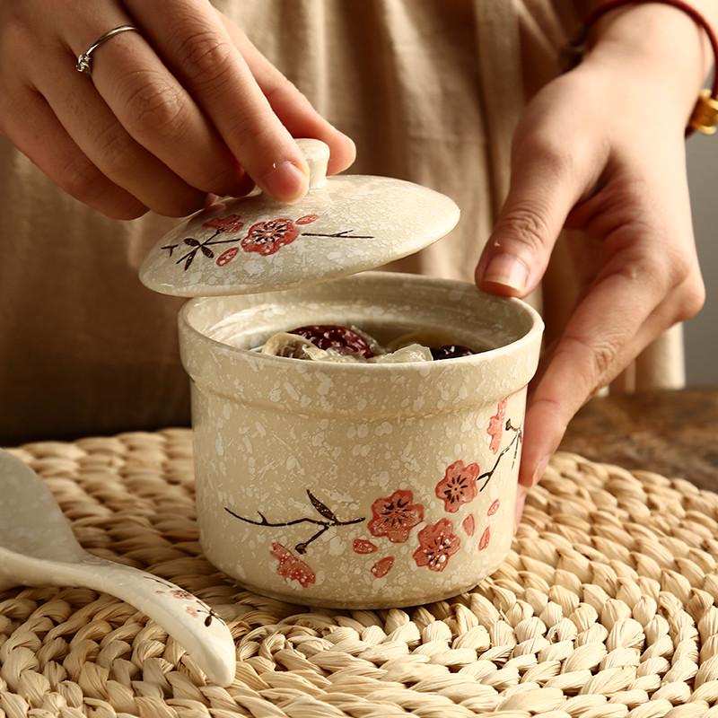 陶瓷隔水炖盅带盖炖燕窝盅家用酒店雪花瓷釉下手彩蒸蛋盅4寸炖罐