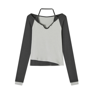ACMEAURA美式辣妹风一字肩长袖T恤女撞色修身打底衫挂脖露肩上衣