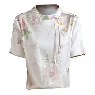 重磅真丝绸缎面t恤女2025夏新款短袖聚会郊游印花提花桑蚕丝上衣