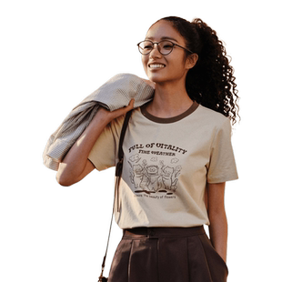 [凉感T]森马短袖T恤女抗菌撞色2024夏季新款小众复古印花上衣可爱