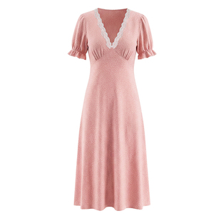 南法度假风中长款过膝连身裙V领收腰波点短袖长裙女夏季2026新款