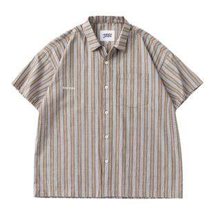KXLFCHN空穴来风 日系复古竖条纹衬衫男女夏季宽松古巴领短袖衬衣
