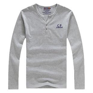 春秋胖子纽扣V领长袖T恤男加肥加大码高棉磨毛肥佬亨利领宽松上衣