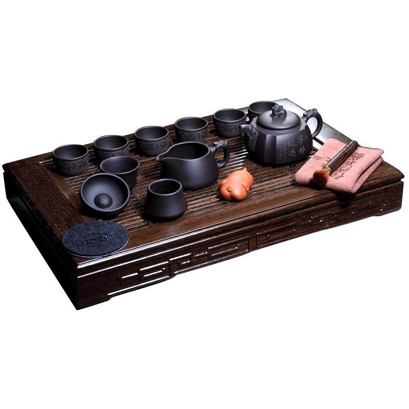 纯全手工原矿黑泥抽角整套茶具