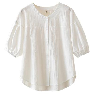 大码纯棉中袖衬衫女胖mm夏季衬衣