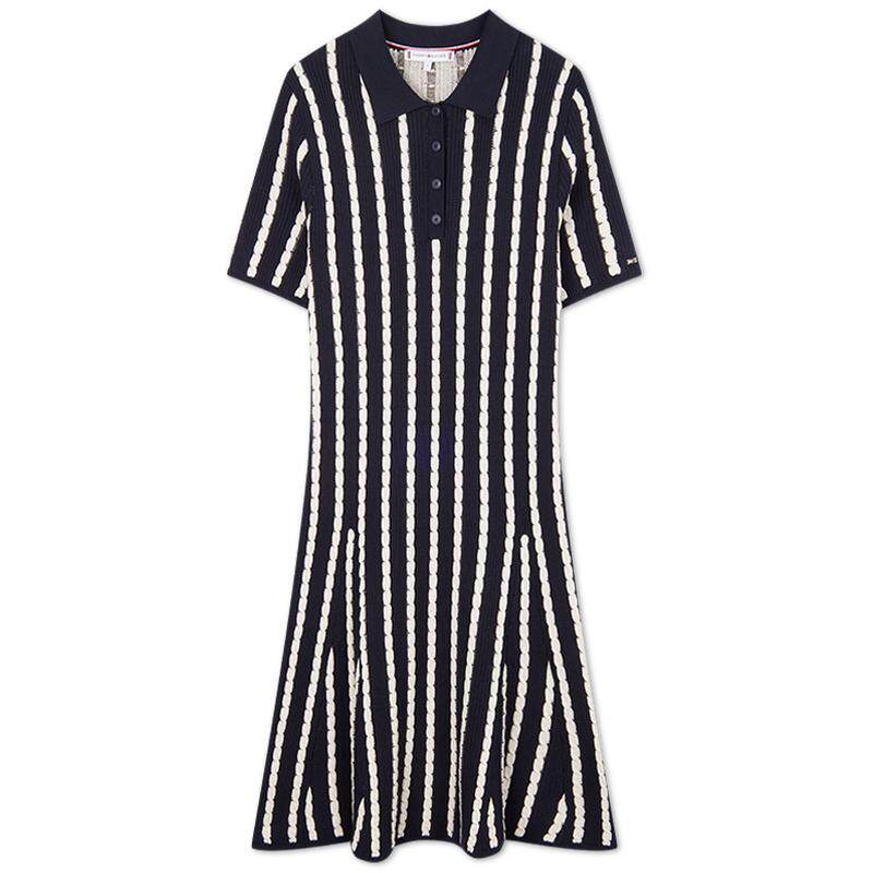 Tommy女纯棉拼色绞花修身POLO裙