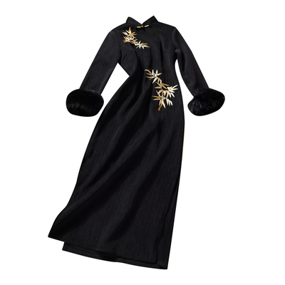 黑色新中式旗袍苏州2025新款冬装