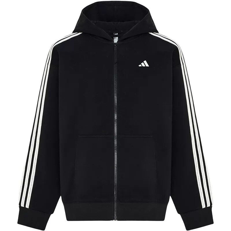 adidas阿迪达斯2026冬女三条纹宽松休闲抓绒连帽外套卫衣 KW7239