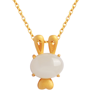 小银匠玉兔纯银和田玉兔子吊坠女新中式国风金镶玉轻奢锁骨链项链