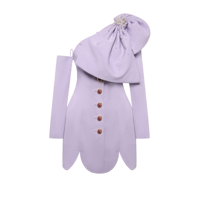 Maison Wester夏季女士流行气质紫色重工大蝴蝶结斜肩长袖连衣裙