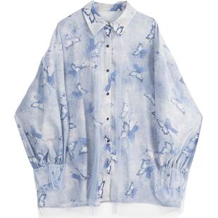 KEIKO 晕染蝴蝶花长袖衬衫女2026春季气质朦胧轻纱拼接宽松上衣