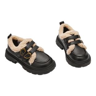 巴拉巴拉儿童皮鞋女童黑色公主鞋大童增高鞋子2026新款毛绒边童鞋