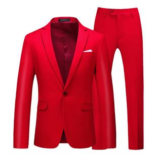 春男士大码西服两件套商务休闲微胖大红色新郎婚礼服套装上衣裤子