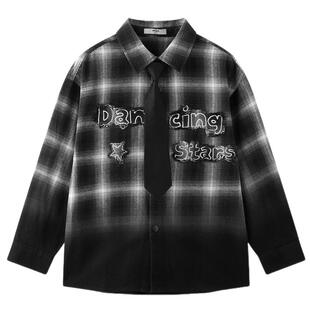 MQD童装男童翻领格子衬衫2025秋季新款儿童黑白格纹宽松衬衣外套