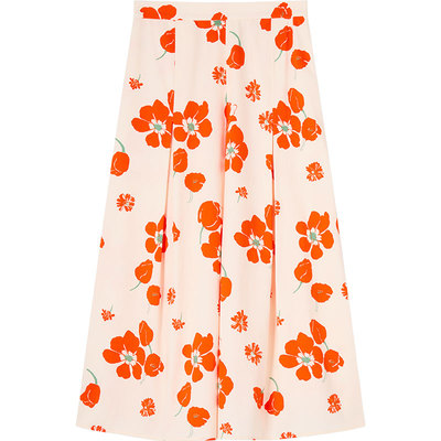 LK BENNETT橙色半身裙裤2025年夏新款印花压褶设计气质中长款