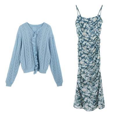 AHY蕾丝吊带裙+针织开衫+开叉裙