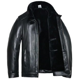 加厚毛绒内胆头层绵羊真皮皮衣男翻领简约商务保暖修身夹克服装查