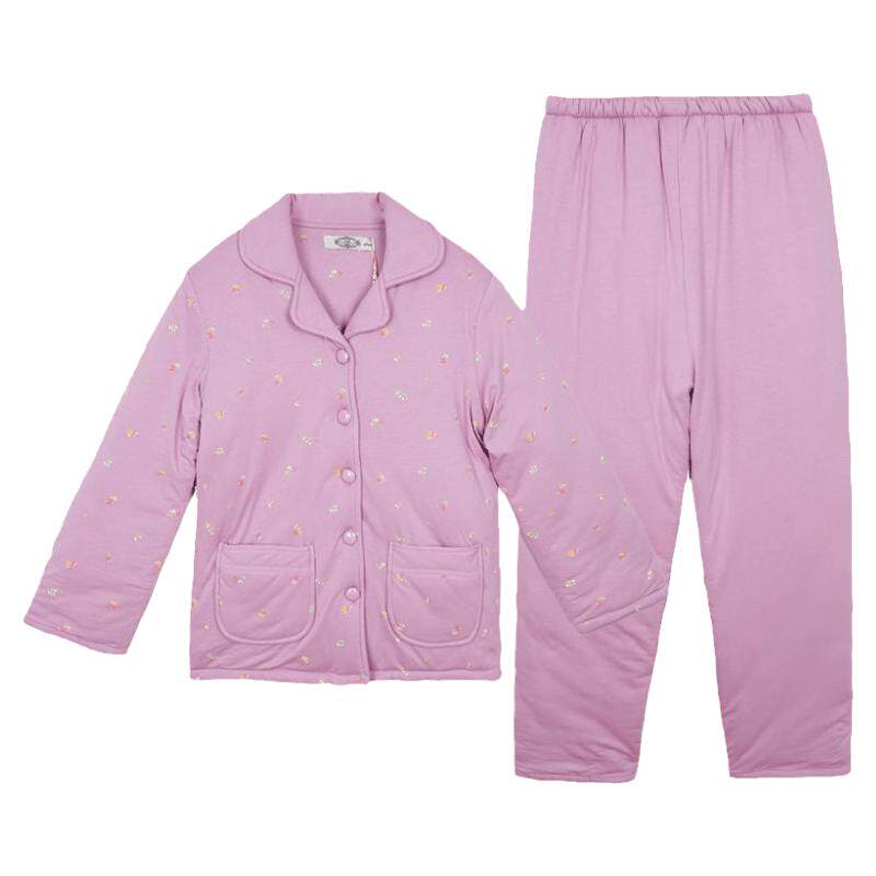 美标睡衣官方旗舰店冬季三层夹棉加厚针织碎花家居服套装女士紫色