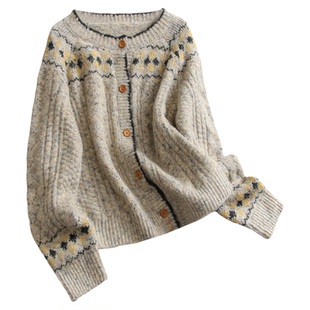 费尔岛提花含羊毛圆领宽松毛衣25冬季新款长袖针织开衫外套女M848