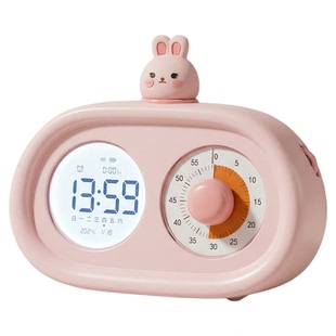 粉兔电子闹钟学生儿童台钟液晶屏旋钮计时器多功能小台表自律管理