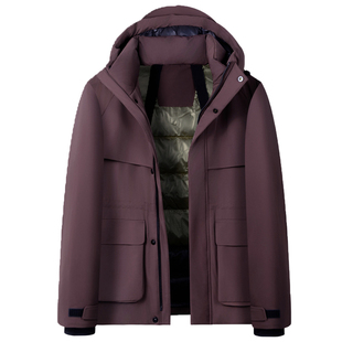 杉杉90鸭绒保暖外套冬新款工装户外背带大口袋连帽情侣羽绒服男女