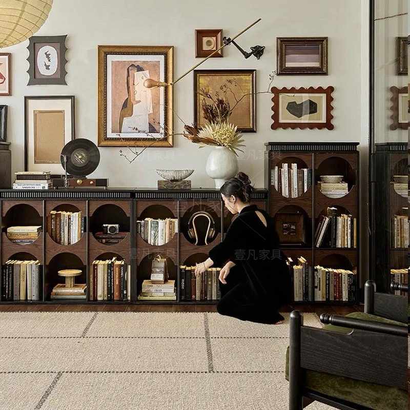 法式复古红橡木全实木客厅家用半墙书柜电视柜一体落地置物矮书架