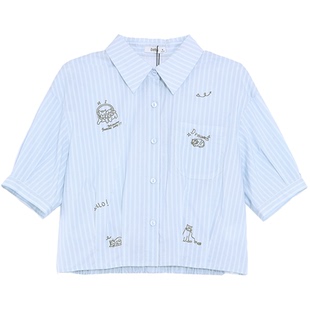 betu百图可爱童趣小猫咪衬衫女短袖2026年夏季新款蓝白条纹衬衣