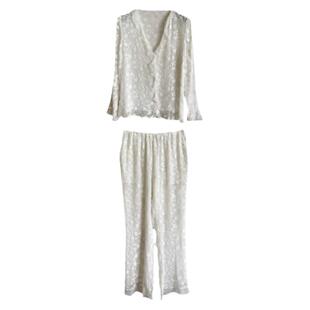 高端定制新款真丝绣花睡衣女荷叶领长袖长裤两件套装家居服可外穿