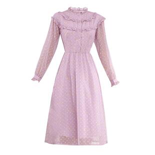 未风紫色雪纺碎花连衣裙女春2026年春季新款法式长袖高腰显瘦裙子