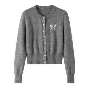 BANANA BABY秋季新款甜美风蝴蝶结刺绣针织开衫新年红色毛衣女