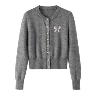 BANANA BABY秋季新款甜美风蝴蝶结刺绣针织开衫新年红色毛衣女