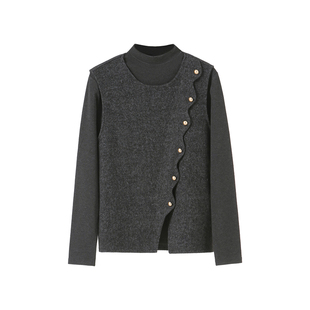 李子木先生半高领加绒磨毛打底T恤衫女冬季设计感马甲叠穿两件套