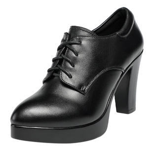 秋冬高跟单鞋女真皮时尚小皮鞋加绒尖头绑带粗跟黑色工作职业鞋春