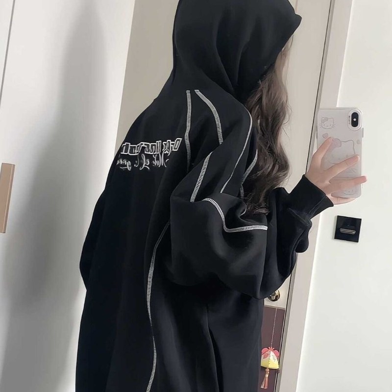 黎帮主的风格店美式复古线条连帽卫衣女秋冬新款宽松学院风上衣潮