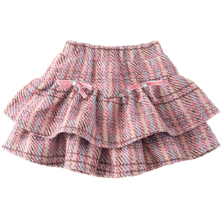 女童毛呢半身裙儿童秋冬短裙小香风格子宝宝蛋糕裙粉色蓬蓬裙子