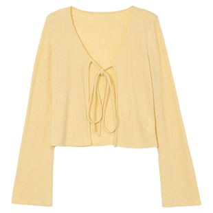 司童 三色竖条纹针织绑带长袖开衫春夏新款吊带裙外搭上衣空调衫