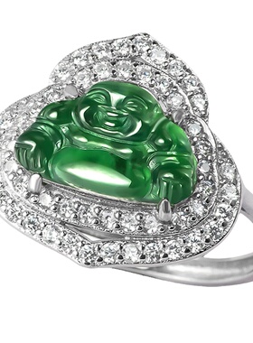 925纯银镶嵌天然翡翠佛公戒指女