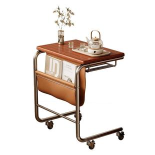 胡桃木色茶几沙发边几小推车式茶几客厅边桌不锈钢C型边几床头柜