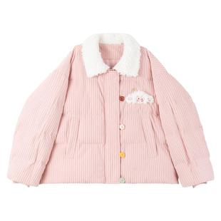 KEIKO 甜系少女风软糯灯芯绒棉服冬季多巴胺彩色扣毛毛翻领外套