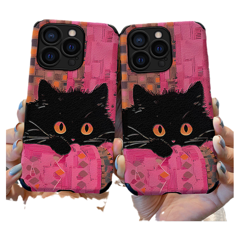 慵懒黑猫适用苹果17pro手机壳16新款卡通15小羊皮保护套iphone12全包ip16防摔11女生pro创意xs可爱x