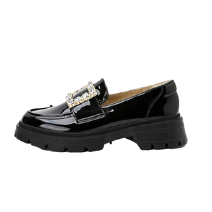 真皮英伦风小皮鞋女2025秋冬新款厚底加绒乐福鞋水钻黑色百搭单鞋