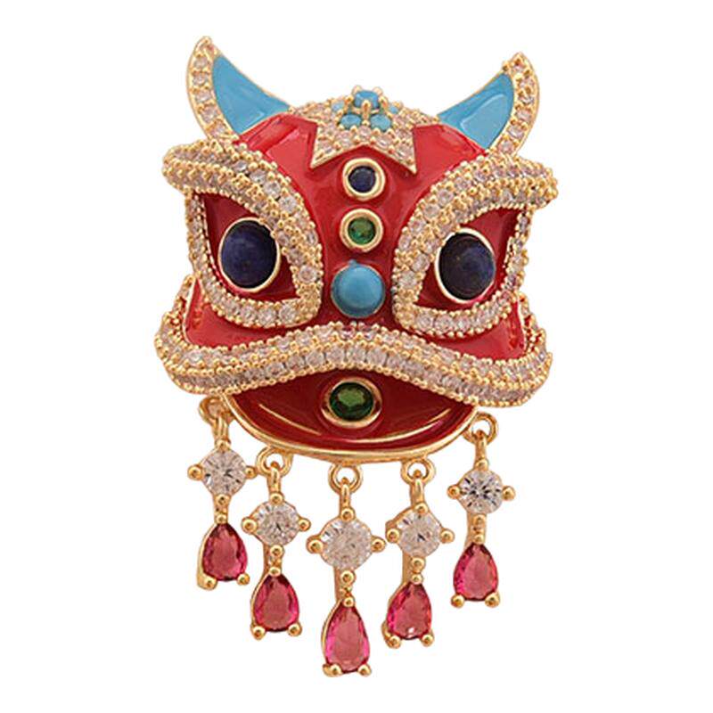 醒狮胸针红色喜庆立体宝石胸花