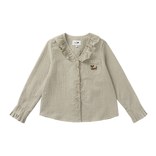 KXLFCHN空穴来风 春秋细格V领荷叶边长袖衬衫简约休闲百搭衬衣女