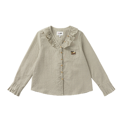 KXLFCHN空穴来风  春秋细格V领荷叶边长袖衬衫简约休闲百搭衬衣女