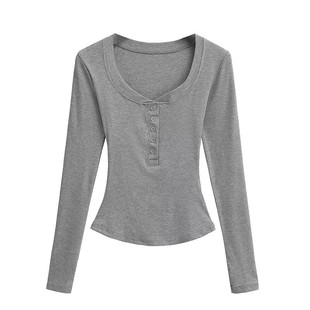 2025秋冬美式辣妹沙漏腰亨利领长袖T恤女新款修身显瘦打底衫上衣