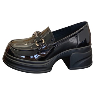 高级感亮皮乐福鞋女2025秋冬新款粗跟6CM英伦风小皮鞋复古JK单鞋