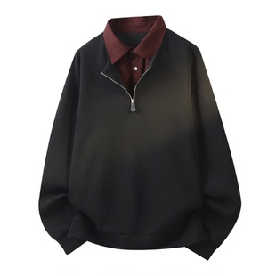 美式衬衫领假两件卫衣男款春秋季高级感内搭长袖cleanfit情侣外套