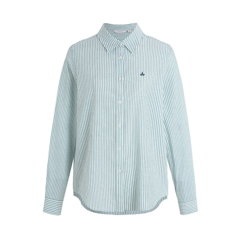 Navigare意大利小帆船春季新款休闲通勤亚麻女士尖领长袖条纹衬衫